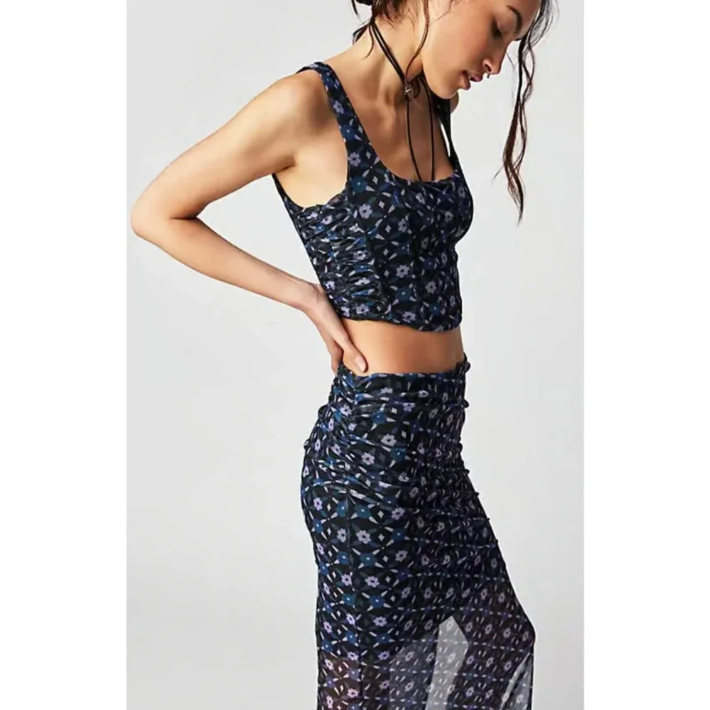 NEW FREE PEOPLE NIGHT SKY GALAXY CORSET FLORAL MESH 2 PIECE TOP SKIRT SET SZ S